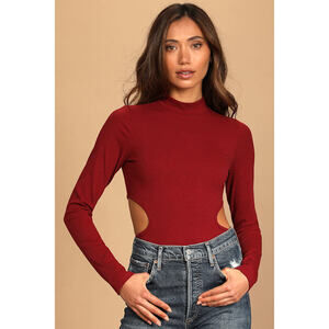 Lulus Hit The Pose Burgundy Mock Neck Long Sleeve Cutout Bodysuit Red - Size M